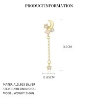 wholesale S925 Sterling Silver, Fashionable And Luxurious Tassel Star And Moon Earring Set.-E5784_Natural Moonstone/White Zirconium_18K Yellow Plated_Single_With Small Flower Ear Cap 925 Silver