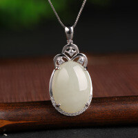wholesale 925 Sterling Silver Inlaid White Jade Pendant with Certificate, New Large Cabochon Natural Hetian Jade Pendant for Women-White jade pendant (approximately 15*20mm) (excluding chain)  925 silver