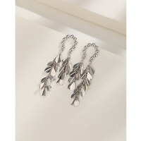wholesale 925 Sterling Silver High-end Leaf Tassel Drop Earrings for Women, Small Batch Design, Exquisite Light Luxury Elegant Ear Studs Earrings-Tassel Earrings White Gold &gt; 925 Silver