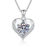 925 Silver 1-2-3 CT Moissanite Heart Pendant Necklace for Valentine's Day Wholesale-6.5mm high carbon stone + box chain  925 silver