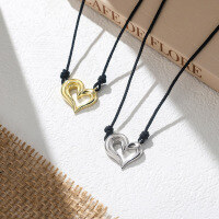 wholesale Silver geometric love pendant necklace with adjustable black leather cord, a trendy Xiaohongshu hit-14K gold, 35-60cm adjustable, 4.4g>925 silver