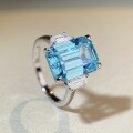 wholesale Platinum Rhodium-Plated 925 Silver Ring, Large Rock Candy Aquamarine Square Emerald Cut, Non-Tarnish Ring for Women-0-2