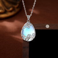 wholesale 925 Sterling Silver Moonstone Necklace European and American Fashion Luxury Advanced Sense Pattern Vine Teardrop Pendant Collarbone Chain-White gold with chain 925 silver