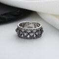 wholesale S925 Sterling Silver Retro Vintage Wide Crown Ring with Hollow-Out 3D Design, European and American Punk Style Personality Index Finger Ring-0-1