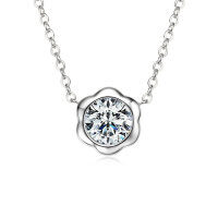 S925 Silver D Color Moissanite Classic Halo Pendant Necklace-Flower Necklace [White Gold]  925 Silver