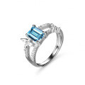 Sterling Silver Natural Blue Topaz Moissanite Double Layer Zuma Emerald Cut Rectangle Ring-0-3