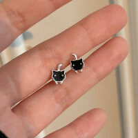 wholesale S925 Sterling Silver Small Cat Ear Studs for Women, Fresh and Cute Sweet Best Friend Student Earrings Ear Piercings for Healing Ear Holes-Black oil drip (full sterling silver)