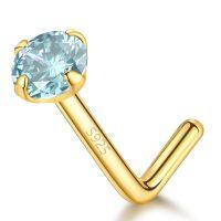 wholesale S925 Sterling Silver Hot Selling European And American L-post Nose Stud With Round Zircon Four-prong Setting Cross-border Nose Piercing Jewelry 20g-Blue S925 Platinum (single)