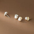 wholesale S925 Sterling Silver Sweet Row of Diamonds Pearl Crown Stud Earrings for Women, Korean Style Petite Student Earrings M02041-0-2