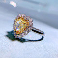 wholesale S925 silver heart-shaped yellow diamond ring, simulated diamond ring, halo setting 7*7 yellow diamond women's ring-0-2