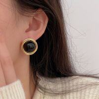 wholesale S925 Sterling Silver Black Agate Vintage Stud Earrings for Women, New Fashion French-Inspired Internet Celebrity Earrings-(Silver) sterling silver + black agate