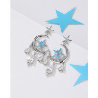 wholesale 925 Sterling Silver Star and Moon Tassel Earrings for Women, Minimalist Stud Earrings, Luxury High-End Feel, Small Design Drop Earrings, Fashion Ear Accessories-Star and Moon Earrings Platinum-with Plastic Earplugs 925 Silver