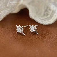 wholesale Metal: S999 Sterling Silver, Eight-Pointed Star Ear Studs Women, Ins Style Light Luxury Fashion High Street Wind Earrings Ear Accessories New-S999 pure silver