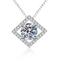 925 Sterling Silver 1-Carat Moissanite Square Pendant Necklace-High carbon stone + box chain  925 silver