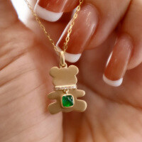 wholesale S925 Sterling Silver Red Elk Mini Cute Bear Emerald Necklace for Women, Small Pendant Design Collarbone Chain-BX0109-Gold 925 Silver