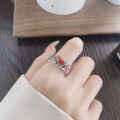 wholesale S925 Sterling Silver Multi-layer Bamboo Joint and Leaf Inlaid with Southern Red Agate Ring, Artistic Vintage Ethnic Style-0-3