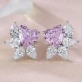 wholesale 925 silver jewelry, heart-shaped stud earrings with halo setting of fancy color diamonds and pink diamonds, 8*8 size, light luxury elegant earrings with a high-end feel-0-1