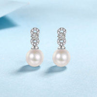 wholesale 925 Sterling Silver New Style Natural Freshwater Pearl Earrings for Women with Micro-Inlaid Moissanite Studs, High-End Textured Ear Drops Wholesale-8-9mm pearl/28 points 925 silver