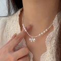 wholesale S925 Sterling Silver Natural Baroque Pearl Bow Necklace for Women, Korean Internet Celebrity Hit High-End Collarbone Chain-0-0
