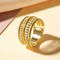 Zircon Geometric Design Three-Row Ring for Women, Light Luxury, Versatile Commuting Style-Starry Night Diamond Ring [K Yellow]  US$8