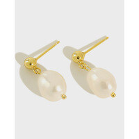 wholesale S925 Sterling Silver Minimalist Baroque Pearl Earrings for Women, Student Silver Jewelry-18K gold [with sterling silver ear plugs]  925 silver