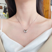 wholesale S925 Sterling Silver Trendy French Light Luxury Style Smooth 3D Heart Pendant Snake Chain Choker Necklace for Women, Versatile for Daily Wear-D069 small heart/approx. 3.2g 925 silver