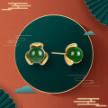 wholesale S925 sterling silver gold-plated retro Chinese-style clover earrings with simulated jadeite inlays-0-0