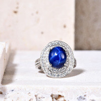 wholesale S925 Sterling Silver Luxury Lab-Grown Star Sapphire Ring 5 Carat Large Gemstone Ring Cross-Border Europe and America-Cultivated Star Sapphire Ring  US size 7 (domestic size 15)