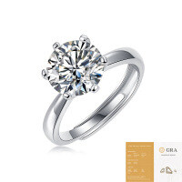 S925 Silver Moissanite Six-Claw Light Luxury Adjustable Ring-Six-prong ring, 3ct/9.0mm (product + certificate)