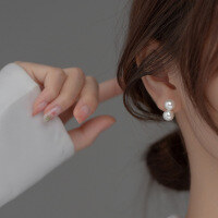 wholesale S925 silver alloy synthetic pearl earrings for women, vintage minimalist style double pearls, elegant and graceful ear accessories M01856-S925 Silver Silver 925 Silver