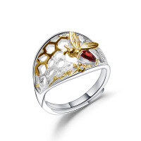 wholesale S925 Silver Designer Natural Style Adjustable Open Beehive Design Ring with Natural Gemstone-Natural Garnet Ring Adjustable opening