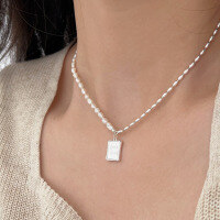 wholesale 925 Sterling Silver Natural Rice Pearl Square Pendant Necklace for Women, Summer Small Niche Ins Advanced Sense Choker-Pure silver + natural pearls