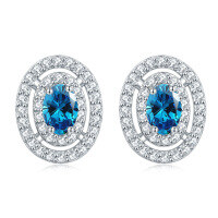 wholesale S925 Sterling Silver Cross-Border New Oval Stud Earrings, European and American Fashion Full Row of Zirconia Diamond Stud Earrings, High-End Wholesale-Sea Blue [March]>925 Silver