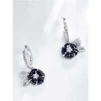 wholesale 925 Sterling Silver High-Quality Periwinkle Flower Ear Clips for Women, Elegant Black Agate French Vintage Earrings-Same necklace 925 silver