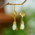 wholesale 925 silver gold-plated retro Chinese style jade earrings with hollow butterfly tassel and orchid design-0-1