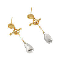 wholesale S925 Sterling Silver 494 Korean Version Ins Small and Minimalist Design Versatile OT Buckle Long Asymmetric Textured Earrings for Women-Platinum + 18K gold [with sterling silver ear plugs]  925 silver