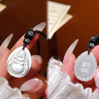 wholesale 999 Solid Silver Maitreya Buddha Guanyin Pendant, Solid Pure Silver, National Trend Buddhist Plaque, Auspicious Word Peace Plate, Handwoven Cord Necklace-DMXDH090 Pure Silver (weight/material see picture)