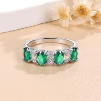 wholesale S925 Sterling Silver Cross-Border New Egg-Shape Cultured Emerald Ring, Colored Gemstone Stackable Ring, European and American Fashion Retro-Platinum US size 6
