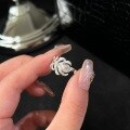 wholesale S925 Sterling Silver Peacock Feather Full Diamond Open Ring with Sparkling High-Carbon Diamond Leaf Design, Premium Minimalist and Niche Style-0-5