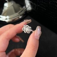 wholesale S925 Sterling Silver Peacock Feather Full Diamond Open Ring with Sparkling High-Carbon Diamond Leaf Design, Premium Minimalist and Niche Style-White gold Adjustable opening