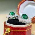 wholesale S925 Sterling Silver Enclosed Back Earrings Women Sugar Loaf Emerald Luxury Full Diamond Inlay Chinese Style Banquet Attendance-0-2