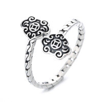 wholesale S925 Sterling Silver Retro Auspicious Ruyi Lock Twist-Edged Openable Ring with Symbolic Meaning, Literary Style Index Finger Ring for Women-553FJ/ Approx. 2.3g &gt; Opening adjustable