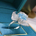wholesale 10*10mm Radiant Cut Aquamarine Floral Ring for Women, Full Diamond Halo Setting in [Metal Material]-0-5
