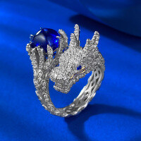 wholesale S925 Sterling Silver Stunning New Chinese Style Year of the Dragon Ring with 8*8mm Simulated Blue Sapphire Sugar Loaf Design, Original Creation-R1063 Dragon Ring [Blue Diamond]  Size 7