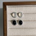 wholesale S925 Sterling Silver Oval Black Onyx White Chalcedony Ear Studs for Women, Minimalist High-End Matte Craft Earrings with Elaborate Design-0-0