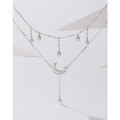 wholesale 925 Sterling Silver Pearl Double-Layered Stackable Necklace for Women, Minimalist and Unique High-End Design Star and Moon Tassel Collarbone Chain-0-2