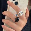 wholesale S925 Sterling Silver Black Agate Oval Ring for Women, New Retro Korean Style Minimalist Fashion Heavy Duty Statement Ring-0-3