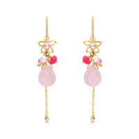 wholesale Metal material summer new Japanese fresh and sweet pink crystal cherry blossom tassel earrings energetic girly heart ear hooks-Overall earrings 925 silver