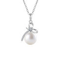 Sterling Silver Dainty Bow Pendant Necklace with Freshwater Pearls-0-3