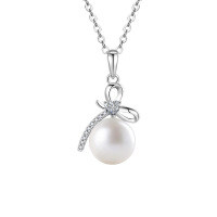 Sterling Silver Dainty Bow Pendant Necklace with Freshwater Pearls-Natural freshwater pearl necklace (white gold)  10-point moissanite (heart-shaped, 3mm)